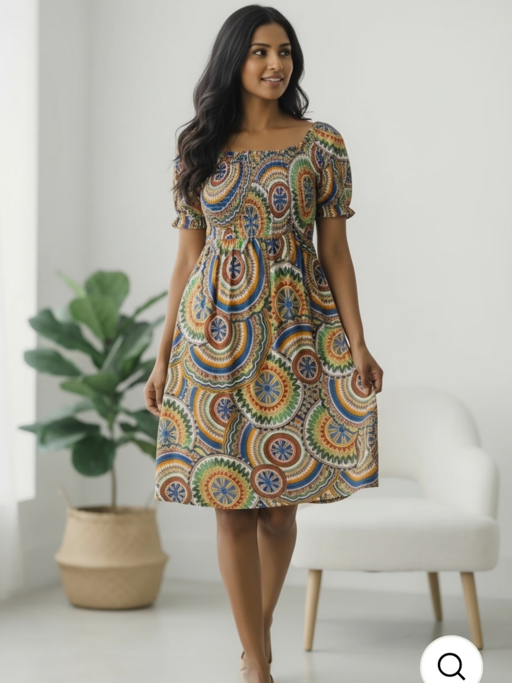 Urban Stitch Tees Smocked Square-Neck Midi Dress in Multi Color